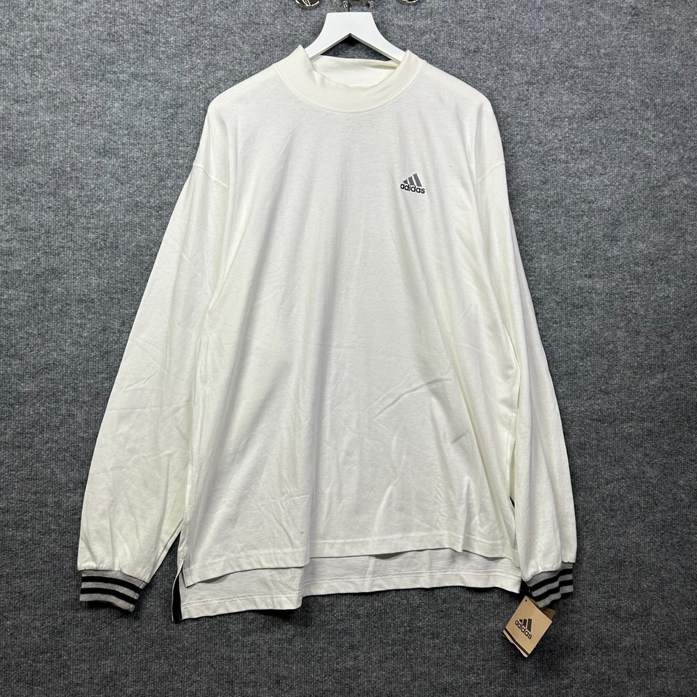 Adidas Long Sleeve T-Shirt Men Large White NWT Mock Neck Striped Cuffs